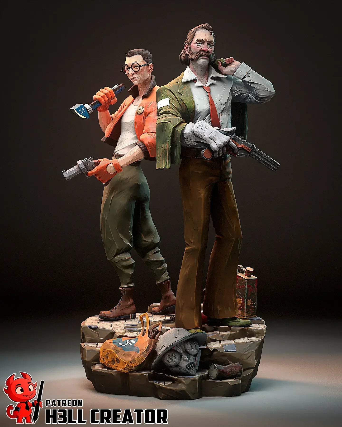 Full color 3D print of Kim and Harry from Disco Elysium on rocky base with gas mask and props