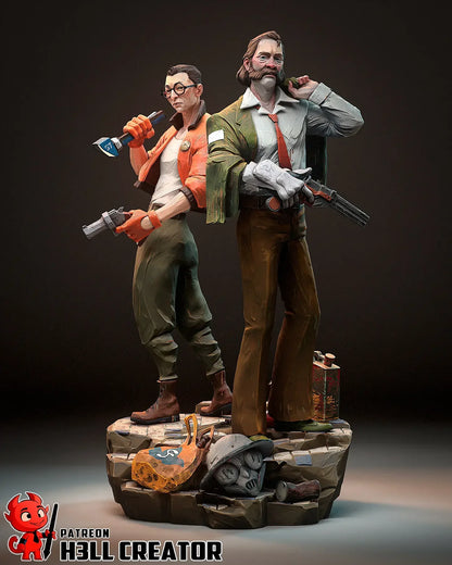 Full color 3D print of Kim and Harry from Disco Elysium on rocky base with gas mask and props