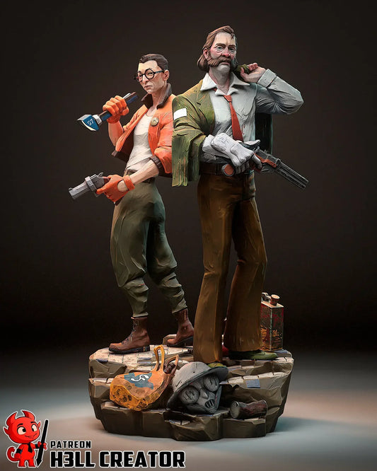 Full color 3D print of Kim and Harry from Disco Elysium on rocky base with gas mask and props
