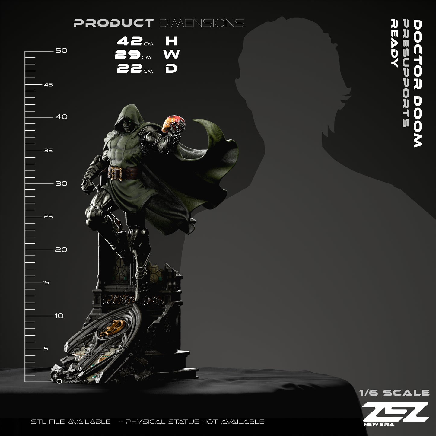 Scale diagram showing the 42cm height, 29cm width, and 22cm depth of the ZEZ Studios Doctor Doom statue.