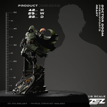 Scale diagram showing the 42cm height, 29cm width, and 22cm depth of the ZEZ Studios Doctor Doom statue.