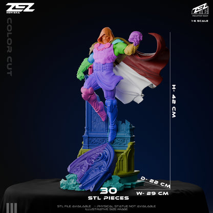 Exploded color-coded parts view of the 30-piece Doctor Doom resin statue kit showing assembly breakdown.