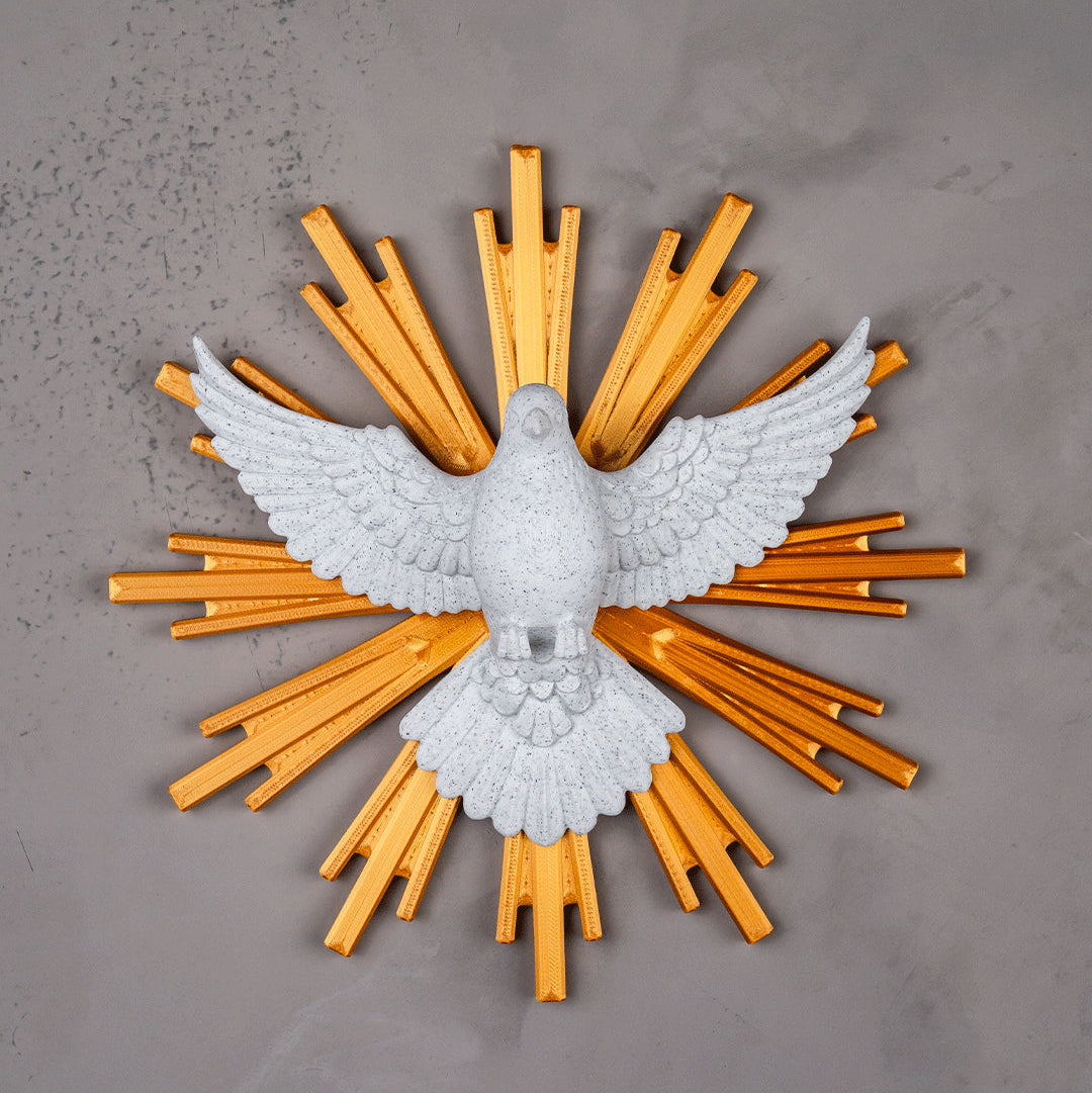 White 3D printed dove of peace wall mount with gold metallic sunburst rays - religious home decor art piece