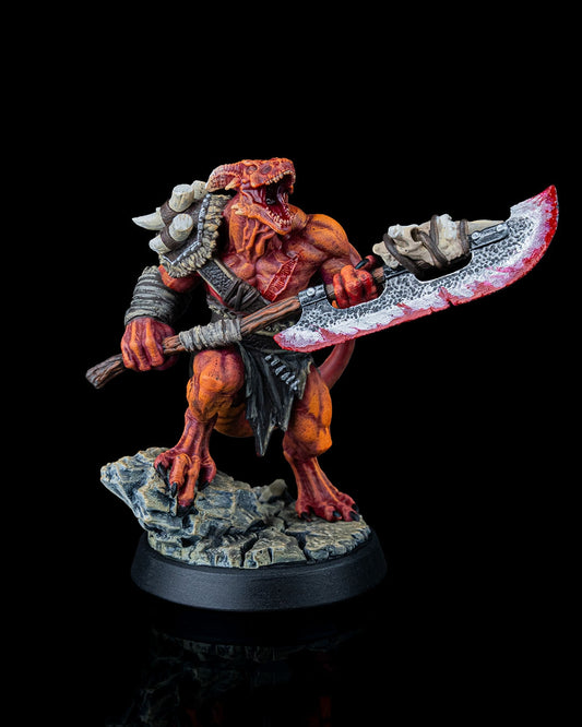 Painted Dragonfolk Warrior miniature holding a giant bloodied blade on a rocky base
