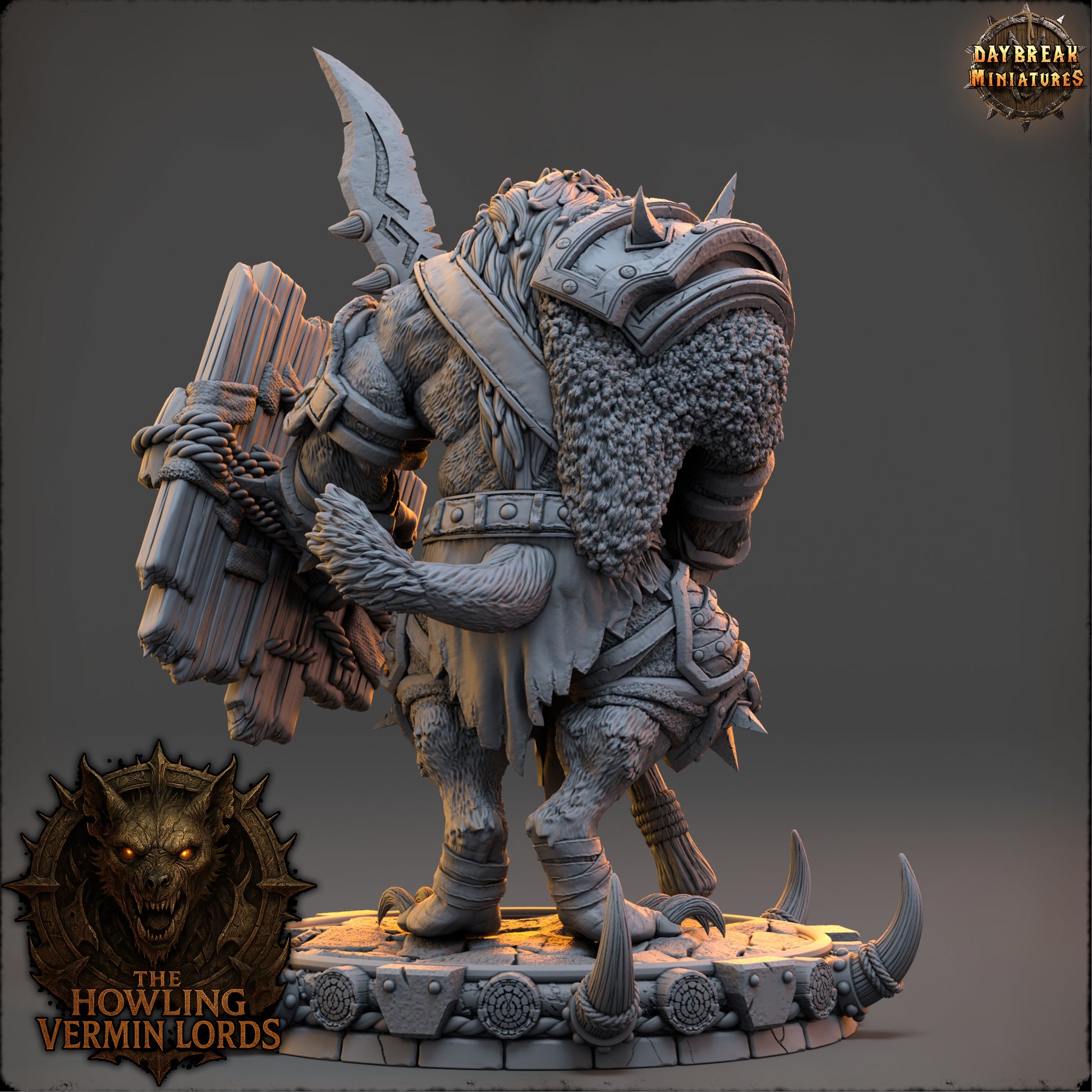Rear view of Drozhk Bloodhowl showcasing the detailed fur cape, armor plating, and wolf-tail detail.