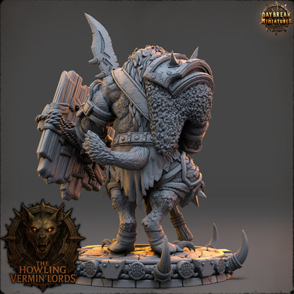 Rear view of Drozhk Bloodhowl showcasing the detailed fur cape, armor plating, and wolf-tail detail.