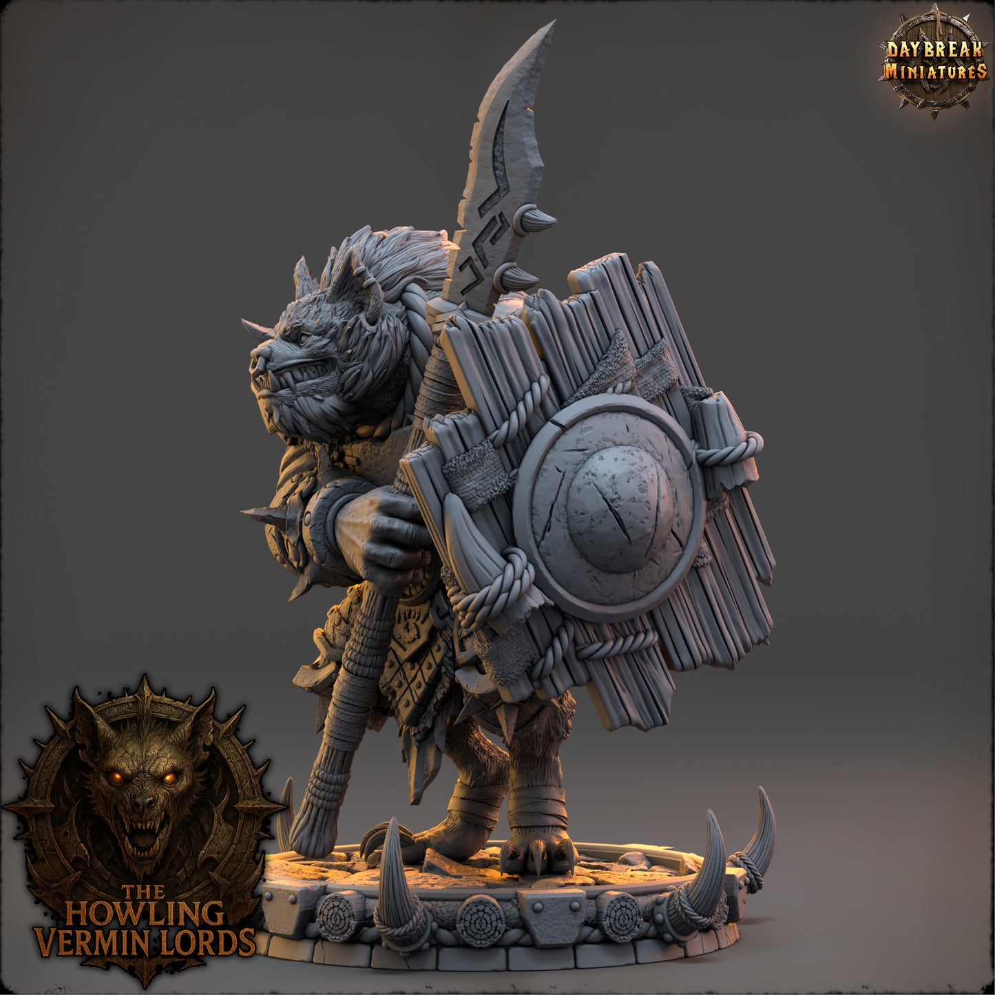 Side profile of Drozhk Bloodhowl showing the defensive combat stance and detailed shield construction.