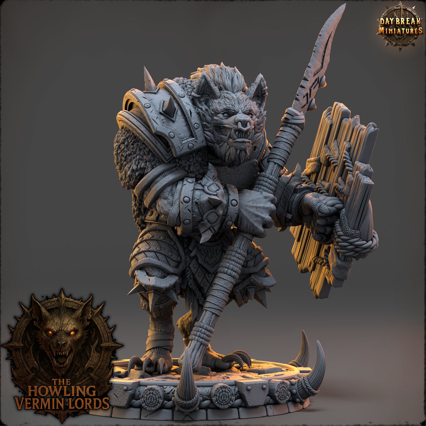 Front view of Drozhk Bloodhowl, a heavily armored wolf-like warrior by Daybreak Miniatures holding a spear and makeshift shield.