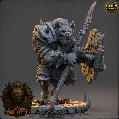 Front view of Drozhk Bloodhowl, a heavily armored wolf-like warrior by Daybreak Miniatures holding a spear and makeshift shield.