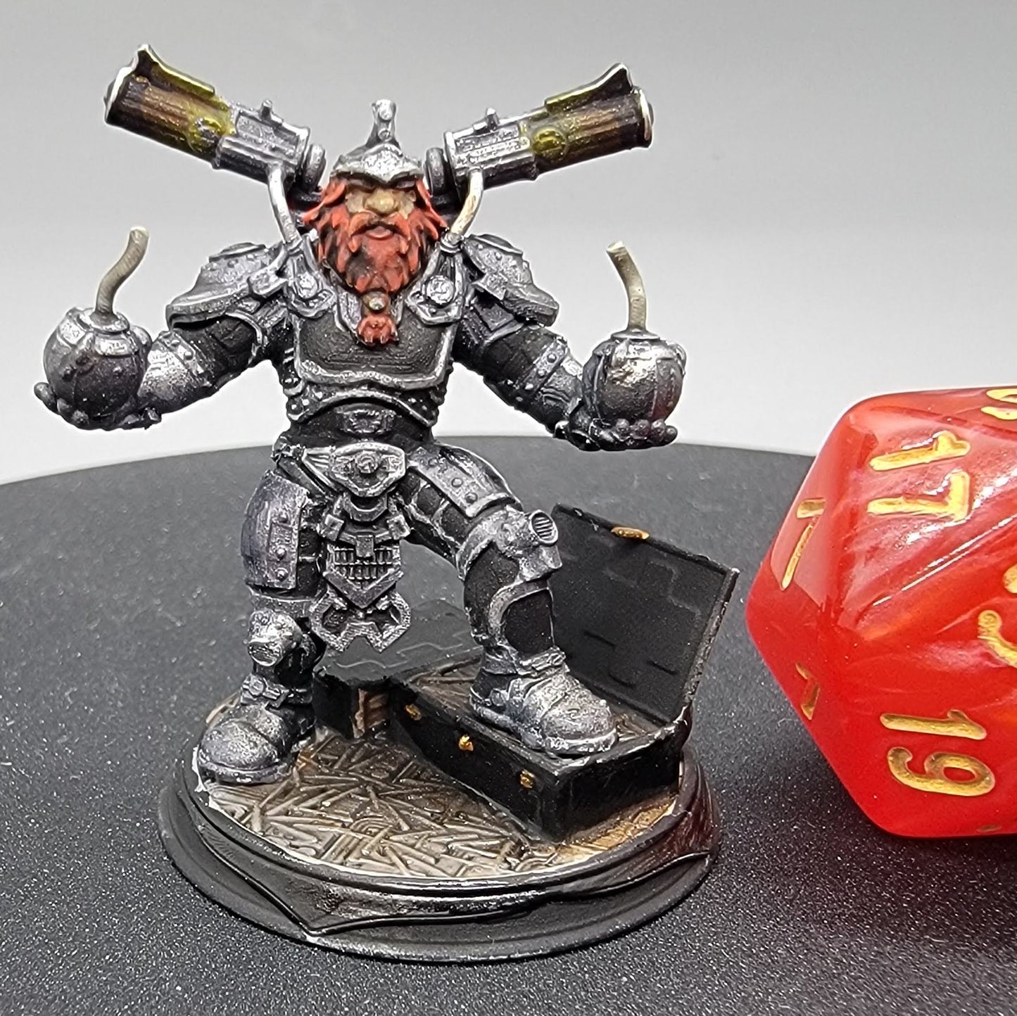 Commissioned Paint by D&K Custom Prints of Duktuk Dwarven Grenadier resin miniature in heavy armor with explosive canisters