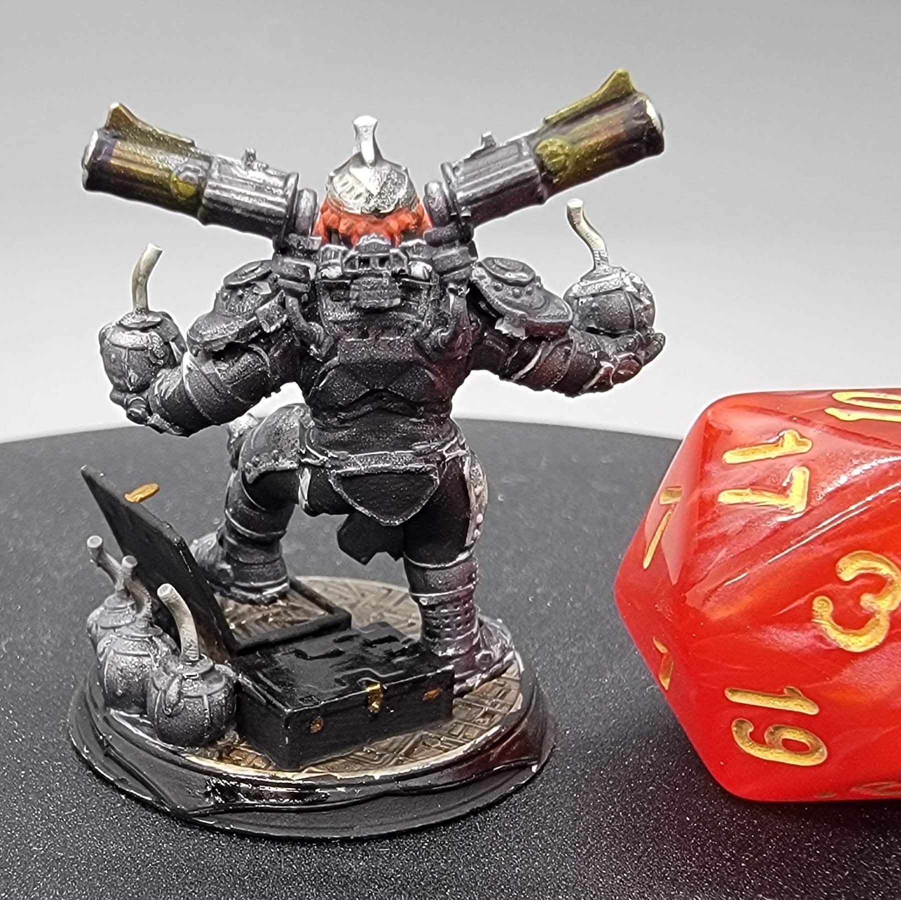 Commissioned Paint by D&K Custom Prints of Duktuk Dwarven Grenadier resin miniature in heavy armor with explosive canisters