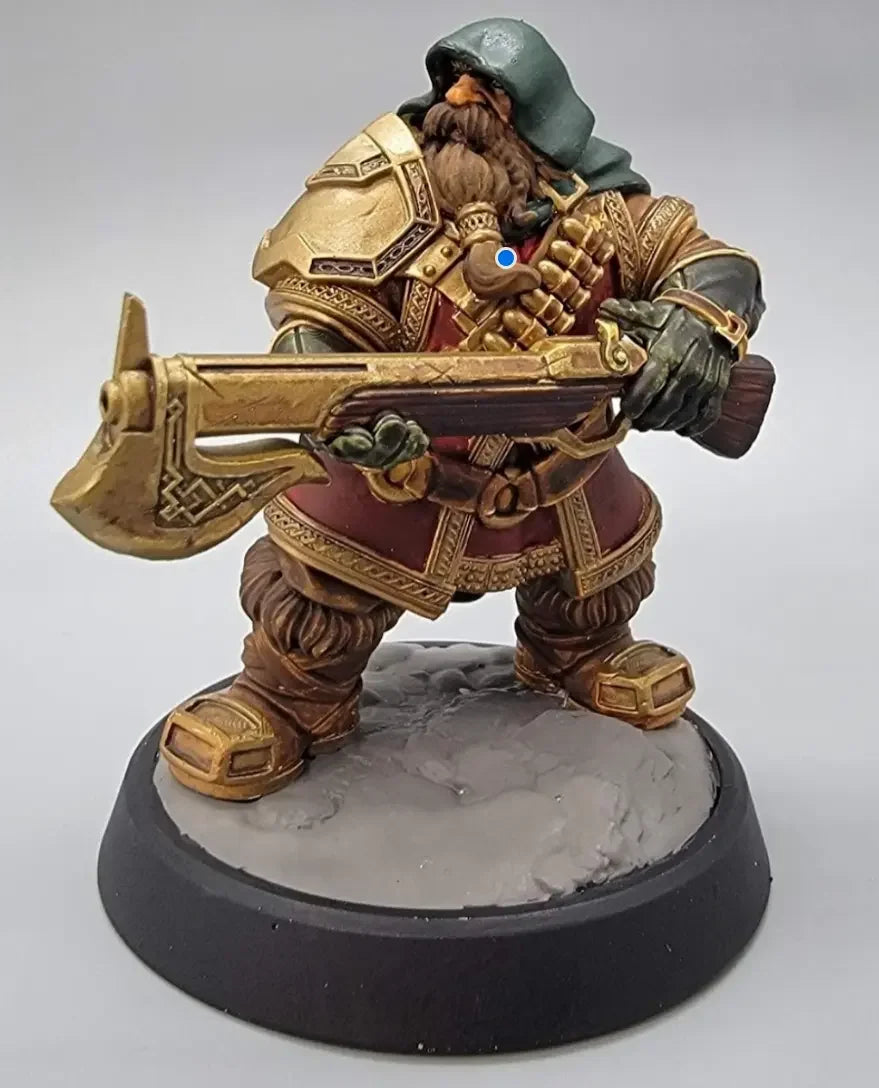 Hand-painted Dwarven Ranger miniature with axe and hooded cloak, custom commission by D&K Custom Prints for Dungeons & Dragons and tabletop RPGs