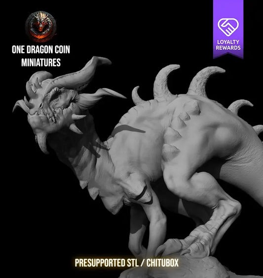 Earthspike Drake resin dragon miniature with curled horns and burrowing claws for TTRPG