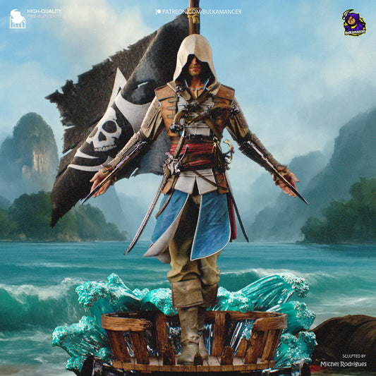 digital render of resin fan art Edward Kenway statue standing on pirate ship base with waving black flag and tropical ocean background.