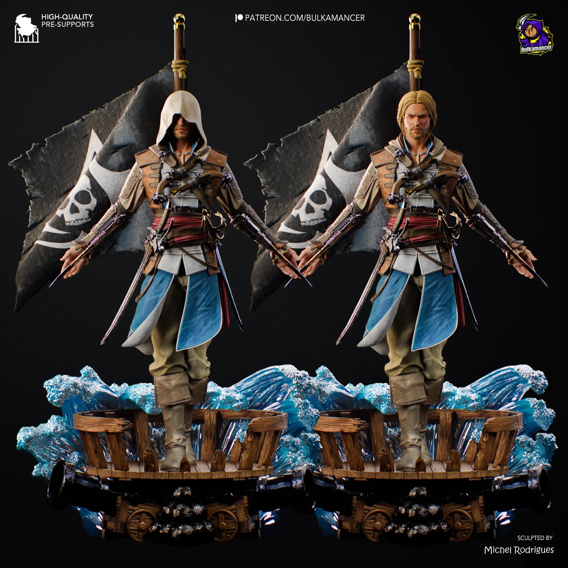 Two action figures of a character with a flag and waves in the background