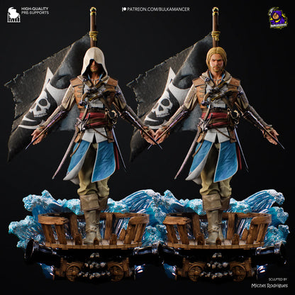 Two action figures of a character with a flag and waves in the background