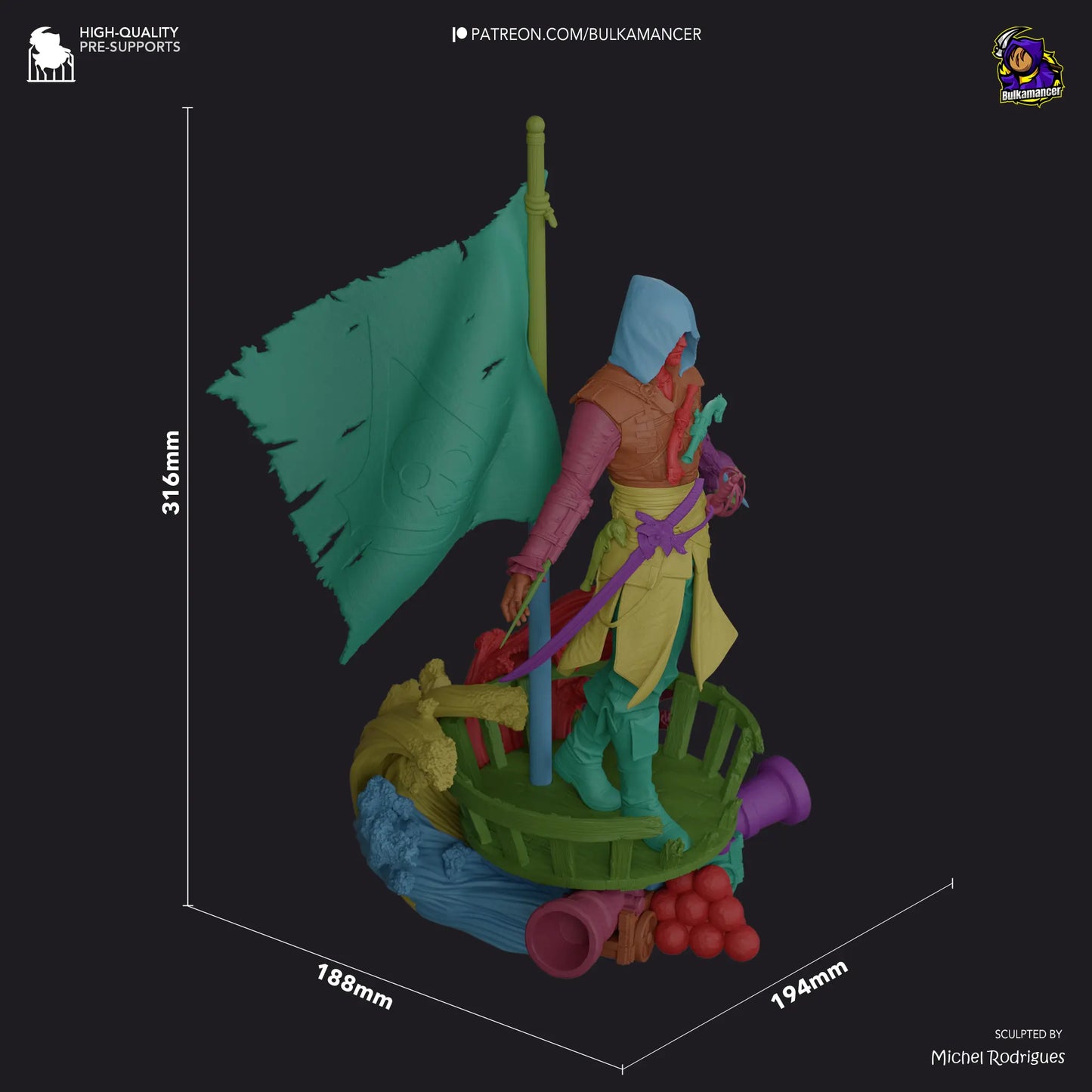 Colorful figurine with a flag and measurements on a black background