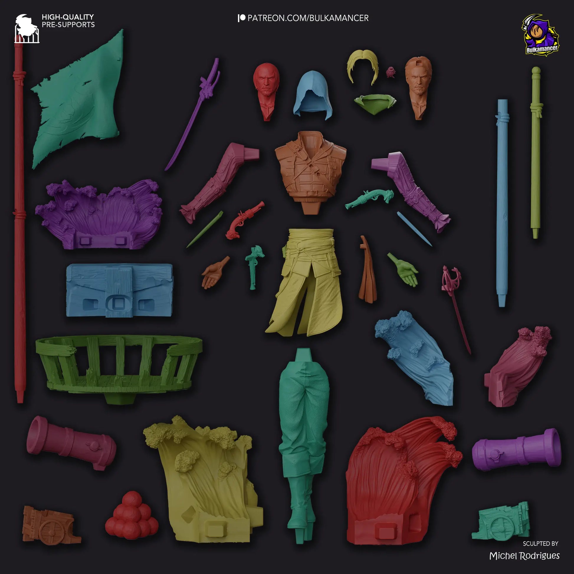 Collection of colorful toy figures and accessories on a dark background