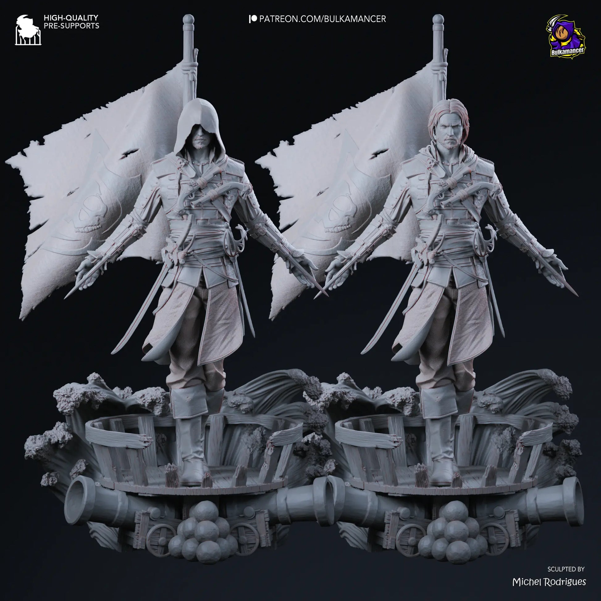 Two gray resin models of a character with and without hood on a dark background.