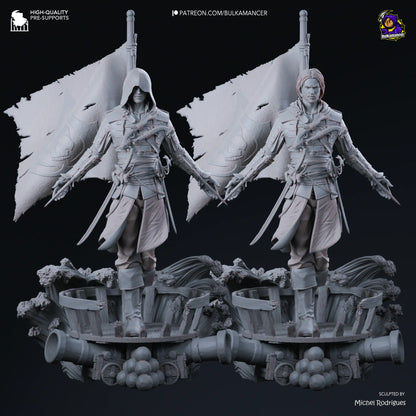 Two gray resin models of a character with and without hood on a dark background.