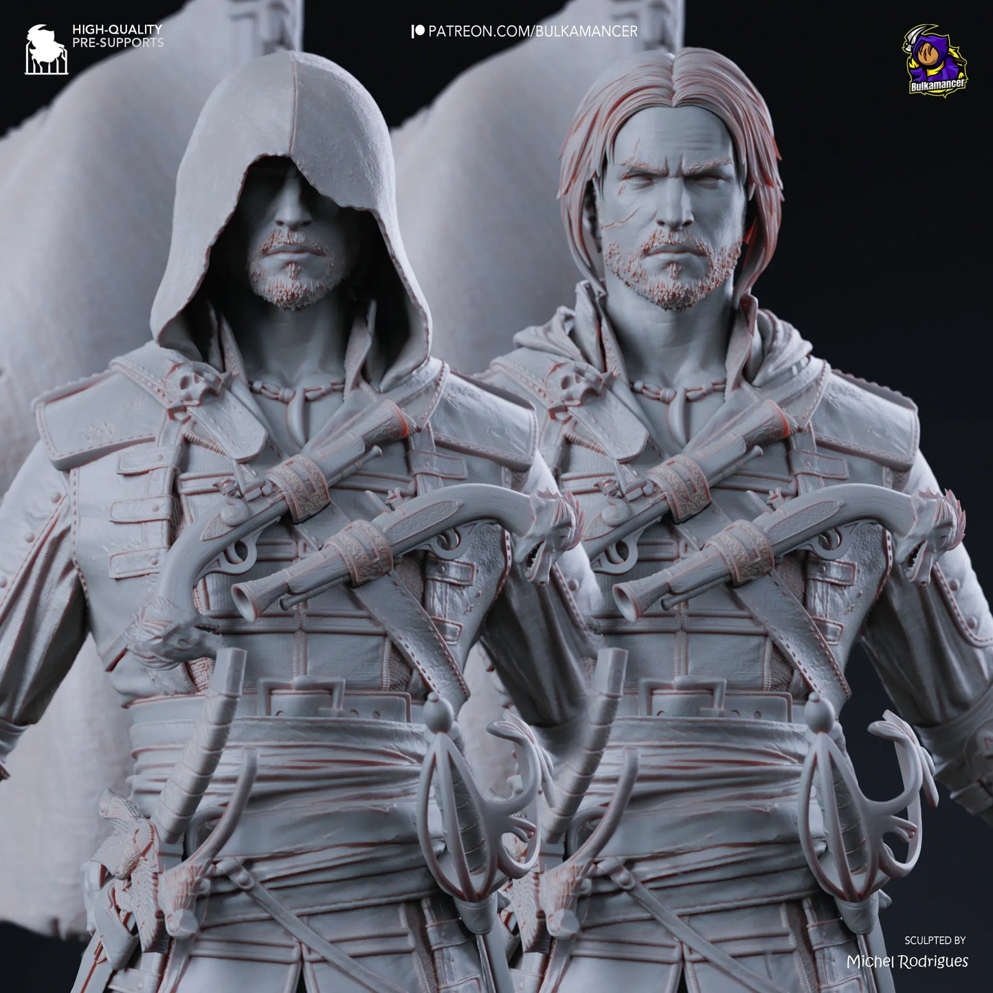 Gray-scale statues of characters with crossbows, likely from a video game or movie, on a dark background.