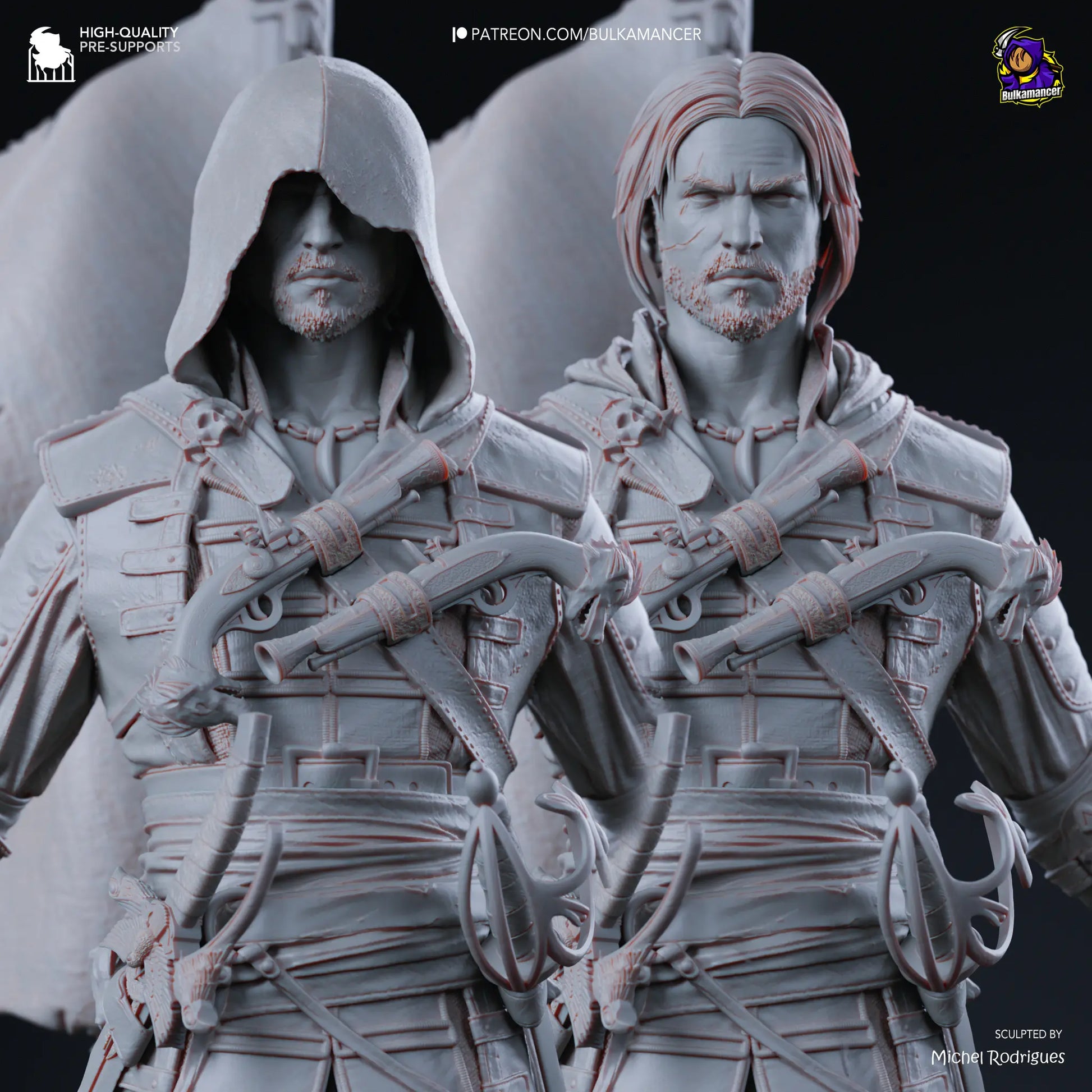 Gray-scale statues of characters with crossbows, likely from a video game or movie, on a dark background.