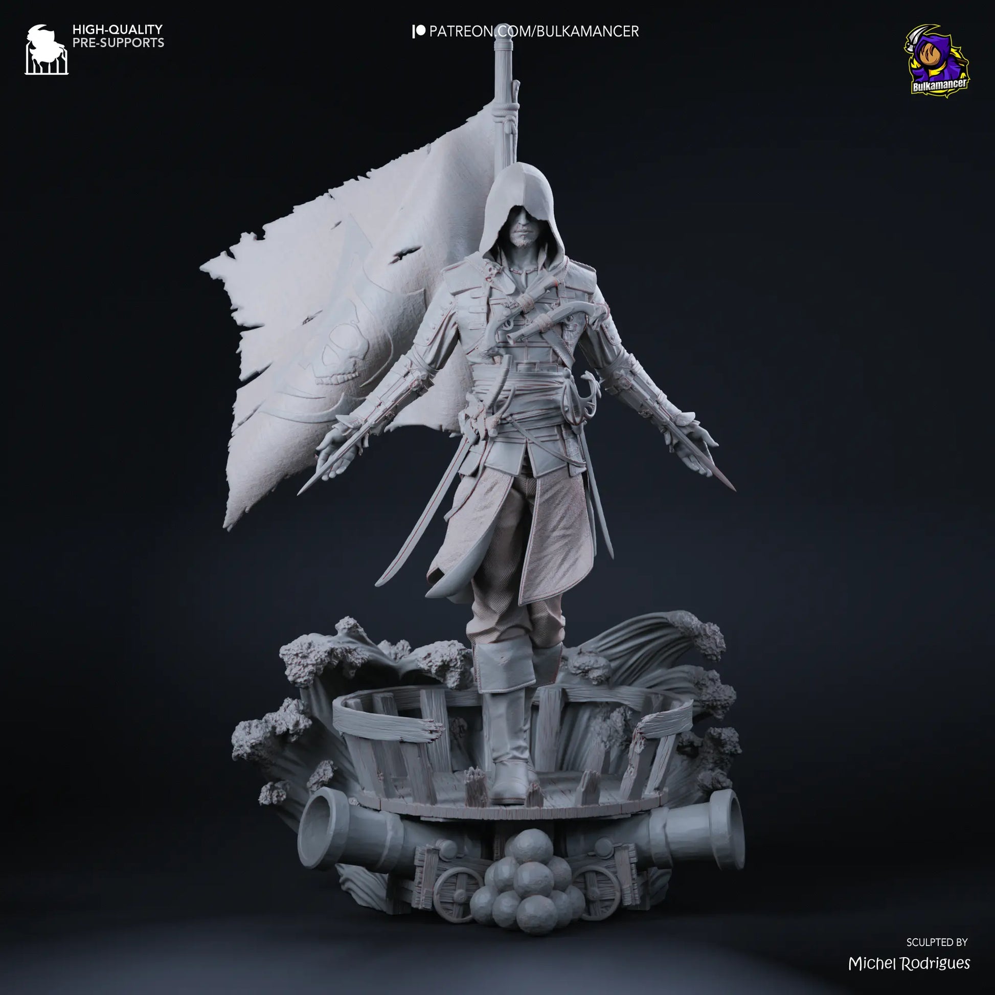 Unfinished sculpture of a character with a flag on a dark background