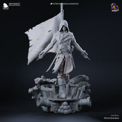 Unfinished sculpture of a character with a flag on a dark background
