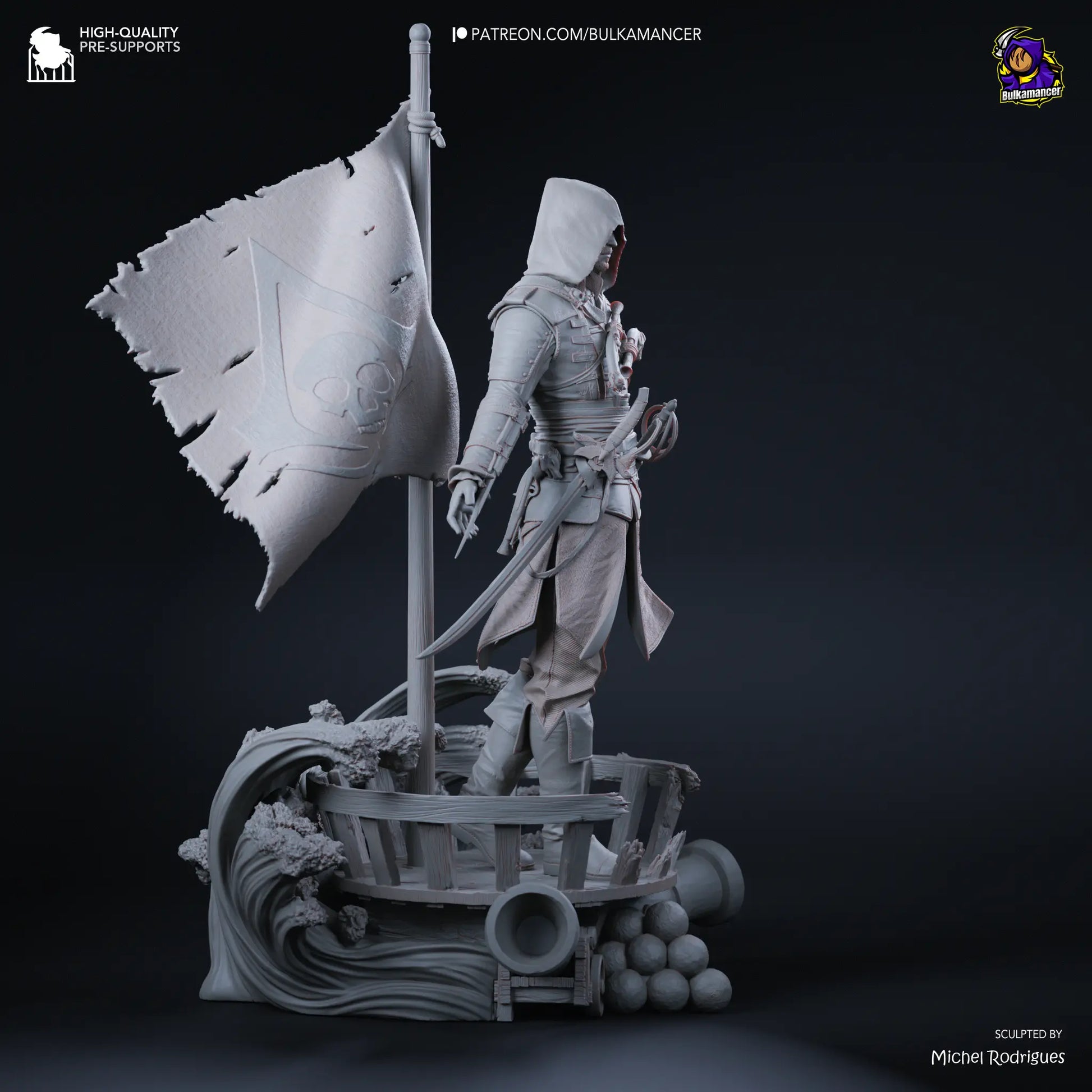 Gray-scale sculpture of a character with a flag and ship on a dark background