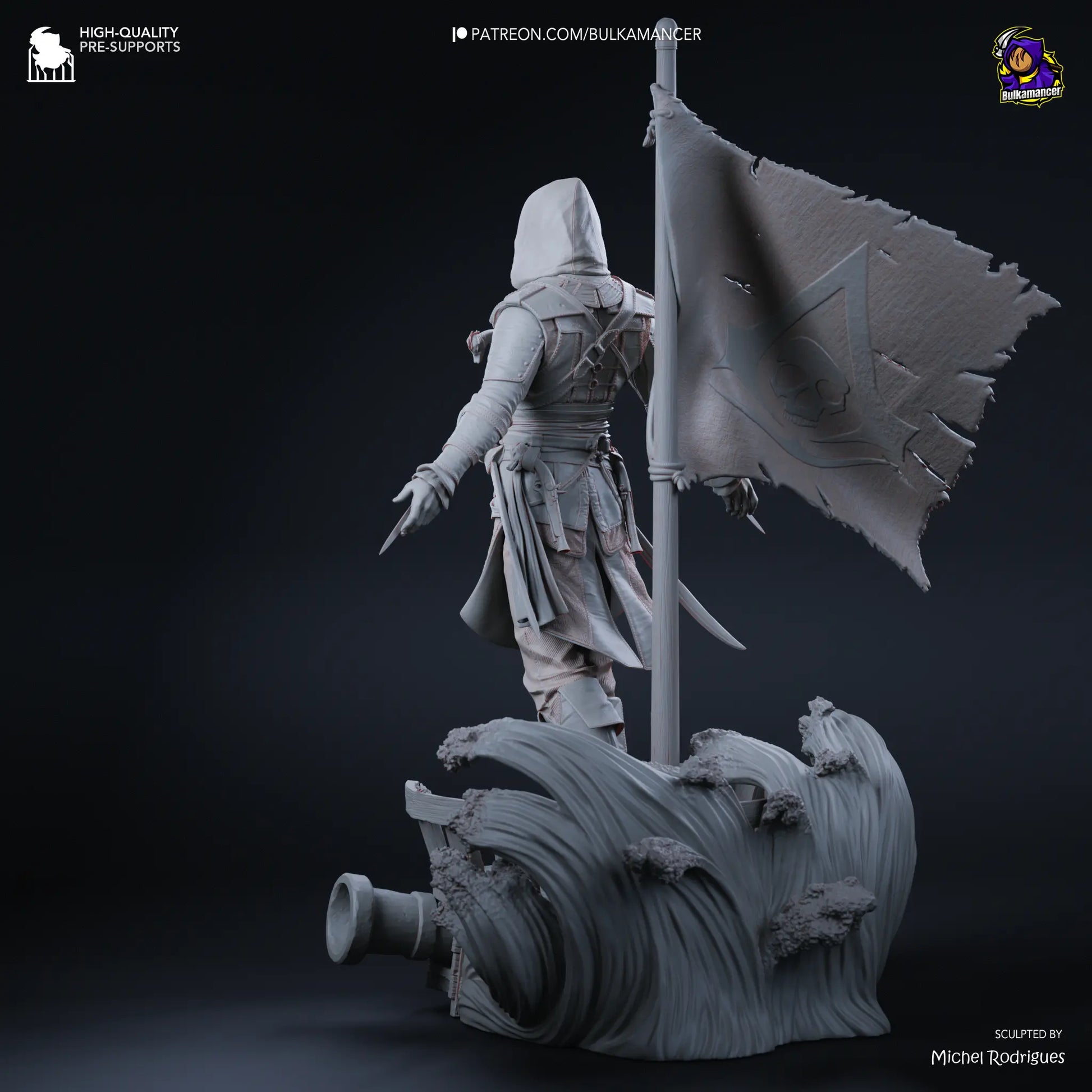 Gray warrior figurine with a banner on a dark background