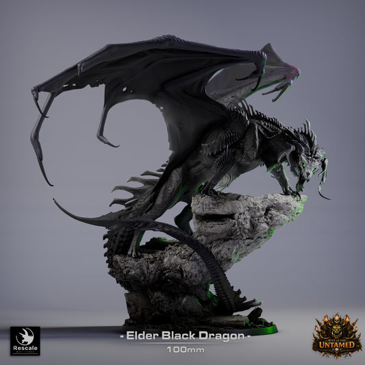 Elder Black Dragon resin miniature statue on rocky outcrop base dark fantasy dragon boss encounter