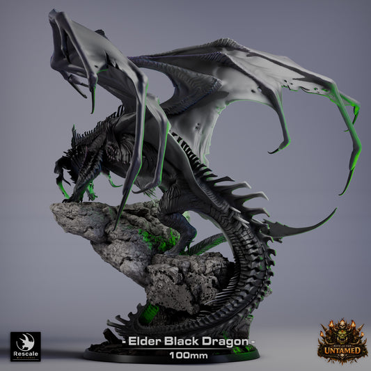 Elder Black Dragon resin miniature statue on rocky outcrop base dark fantasy dragon boss encounter