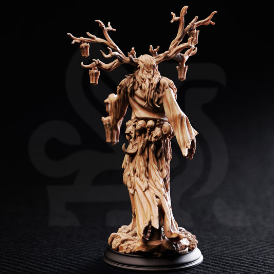 Lykteholder Elderwood Draugr resin miniature featuring an undead forest spirit with antler lanterns, available in 32mm and 75mm scales from D&K Custom Prints.