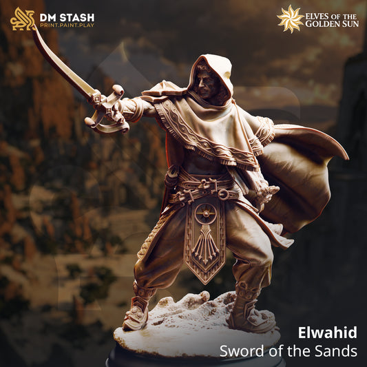 Elwahid Sword of the Sands miniature by DM Stash, high-elf fighter rogue tabletop RPG figure in 32mm and 75mm scale grey resin with scenic desert base.
