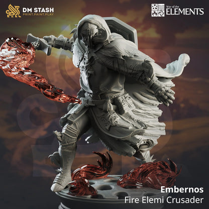 Fire Genasi paladin miniature Embernos casting flame spell with shield and scenic base