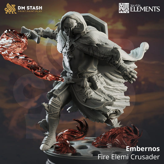 Fire Genasi paladin miniature Embernos casting flame spell with shield and scenic base