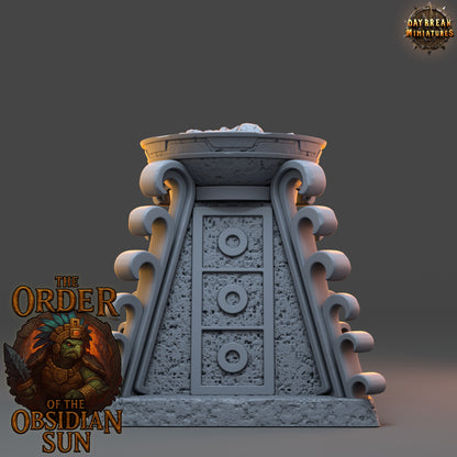 Empty Sacrificial Pyre resin terrain piece from The Order of the Obsidian Sun, detailed stone pyre for TTRPG dungeon and temple encounters.