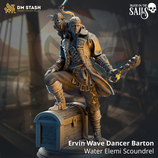 Ervin Wave Dancer Barton pirate miniature with monkey and sword atop treasure chest for TTRPG