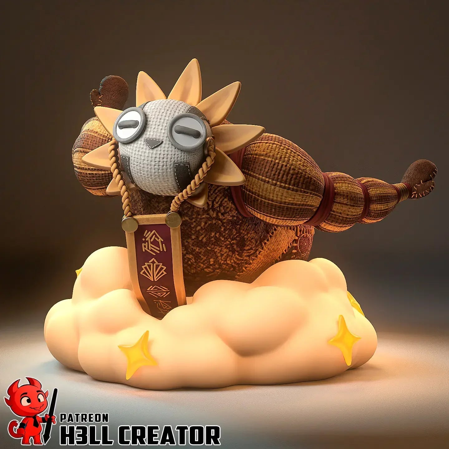 Esquie collectible figure front view with sun-like face and stitches