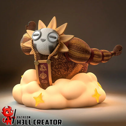 Esquie collectible figure front view with sun-like face and stitches