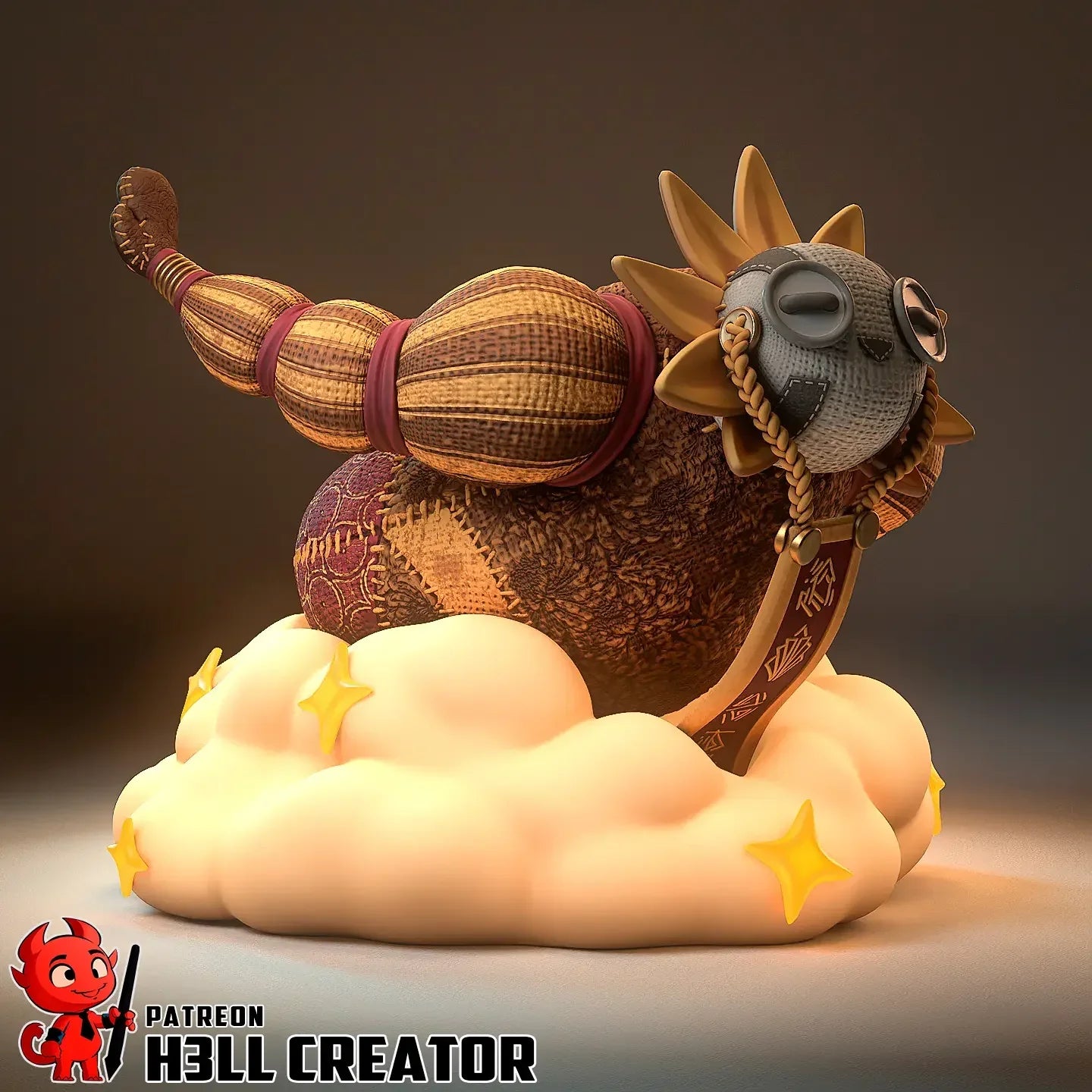 Side angle of Esquie toy statue with striped legs and patchwork body