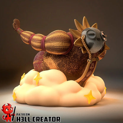 Side angle of Esquie toy statue with striped legs and patchwork body