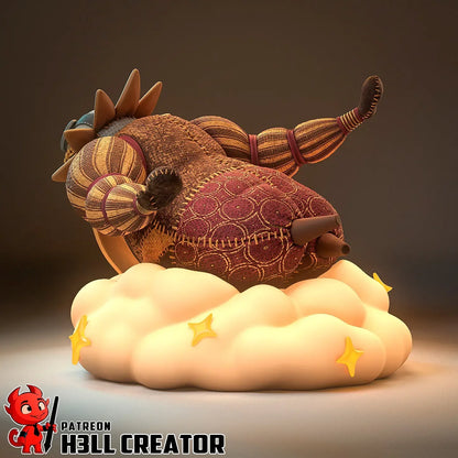 Esquie figure posed on star-studded cloud from back angle