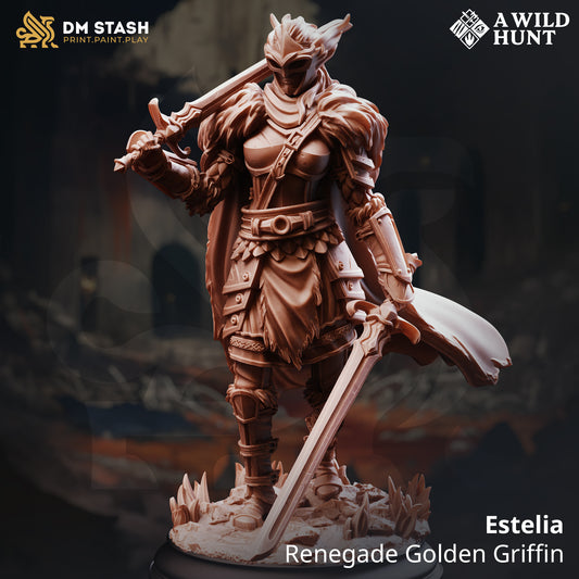 Estelia Renegade Golden Griffin resin miniature – armored female knight with dual swords for fantasy TTRPG and display painting.
