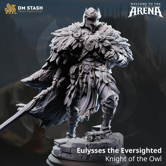 Eulysses the Eversighted, a male Knight of the Owl miniature by DM Stash, wearing owl-themed plate armor and a thick feathered cloak, standing on a stone base with scrolls.