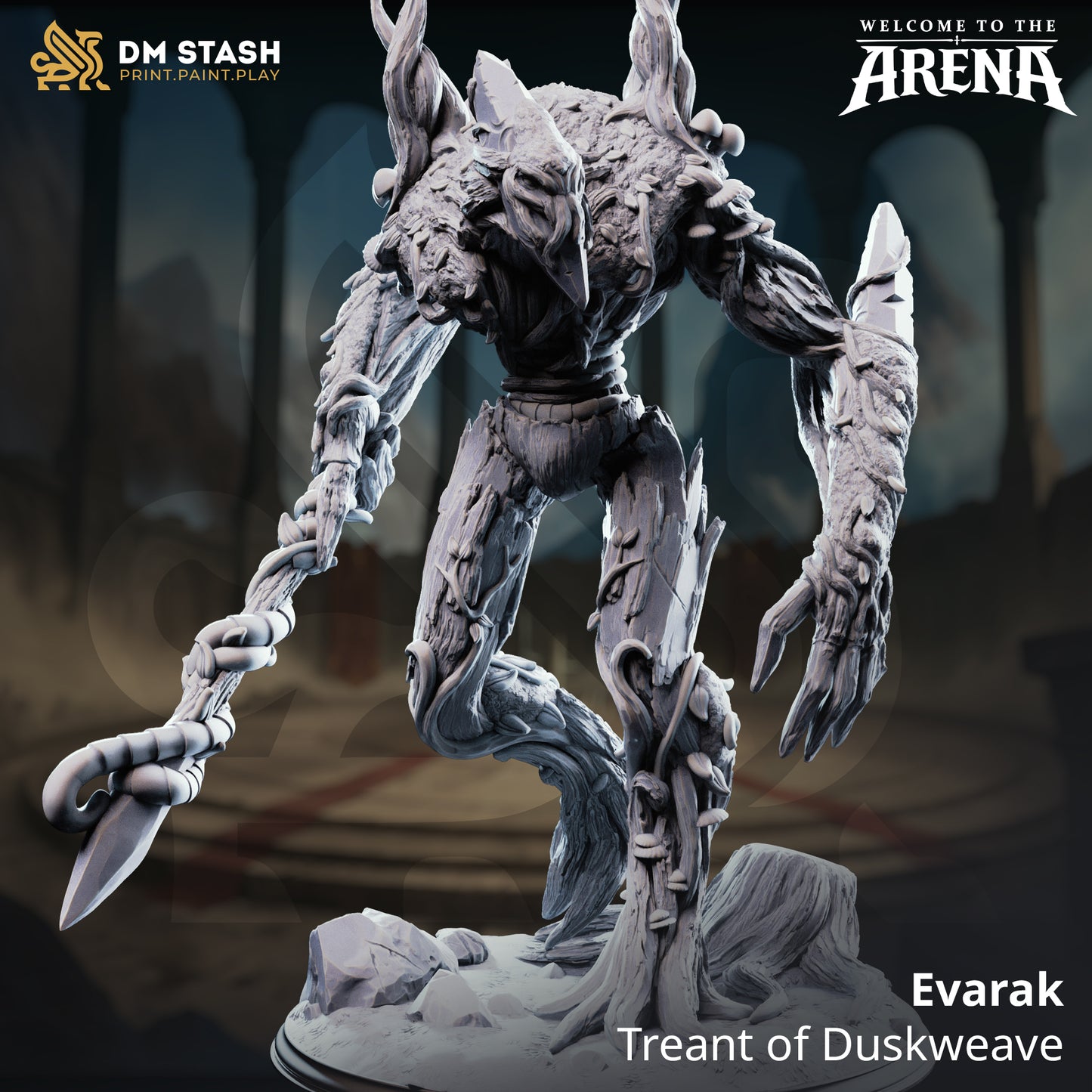 Evarak the Treant of Duskweave, a massive plant elemental resin miniature by DM Stash, featuring bark armor and fungal details on a Huge 75mm forest floor base.