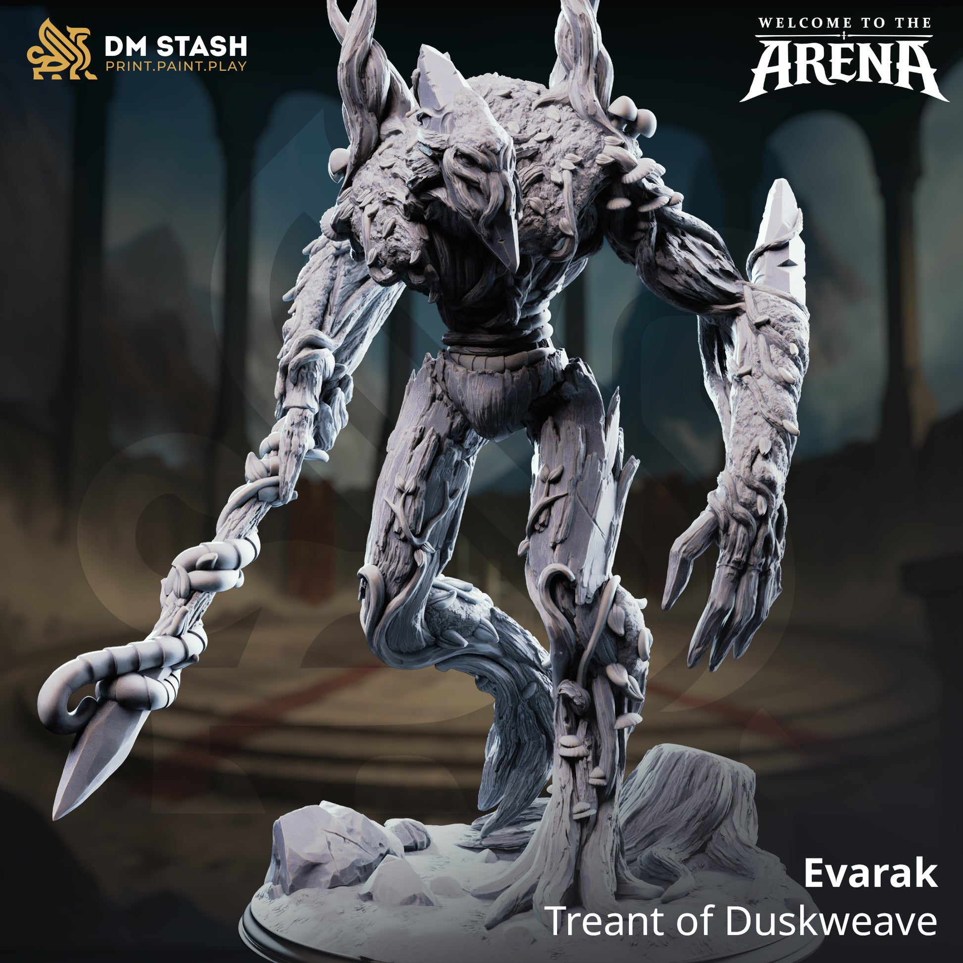 Evarak the Treant of Duskweave, a massive plant elemental resin miniature by DM Stash, featuring bark armor and fungal details on a Huge 75mm forest floor base.