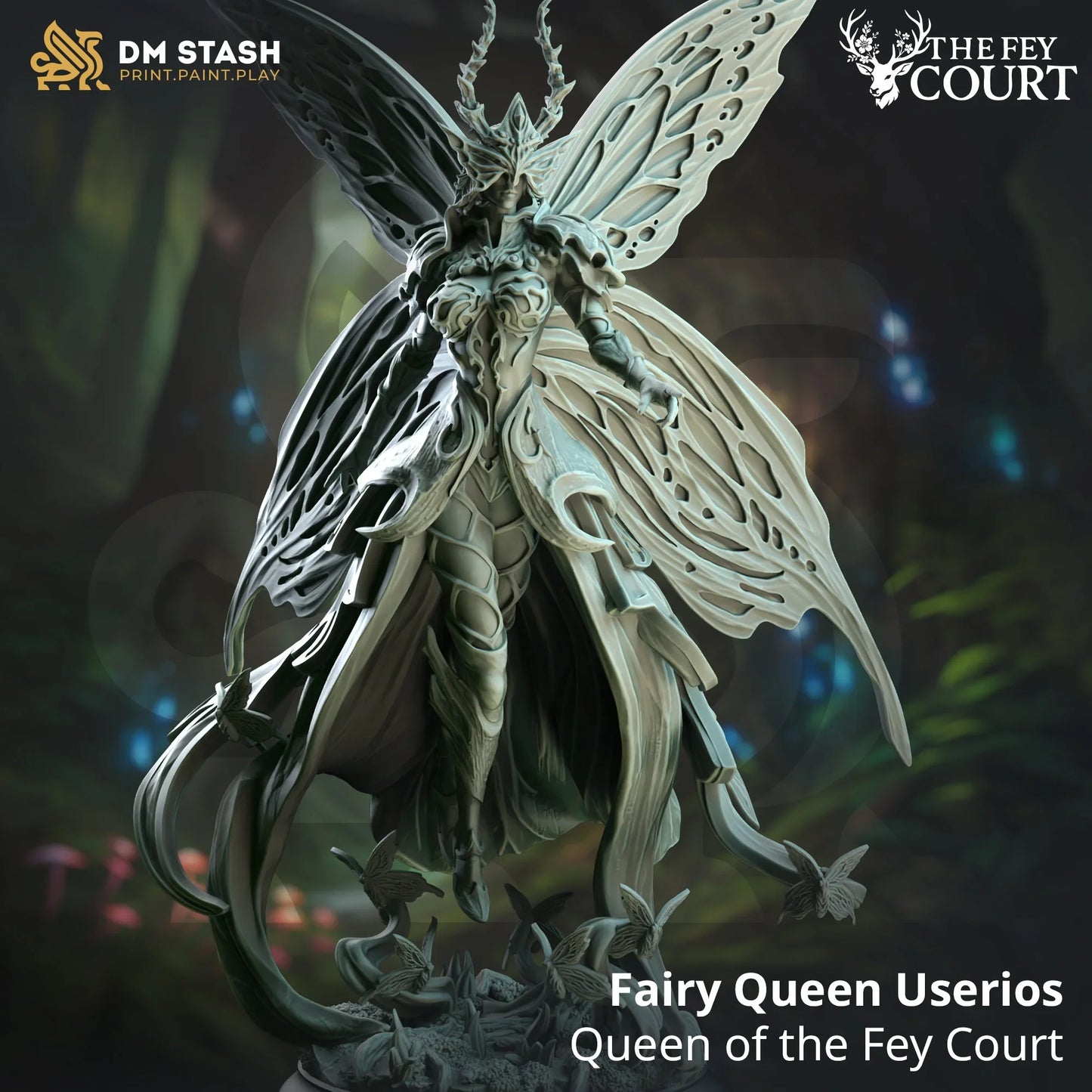 Userios the Fairy Queen miniature with butterfly wings, ornate robes, and antlers on forest base from The Fey Court