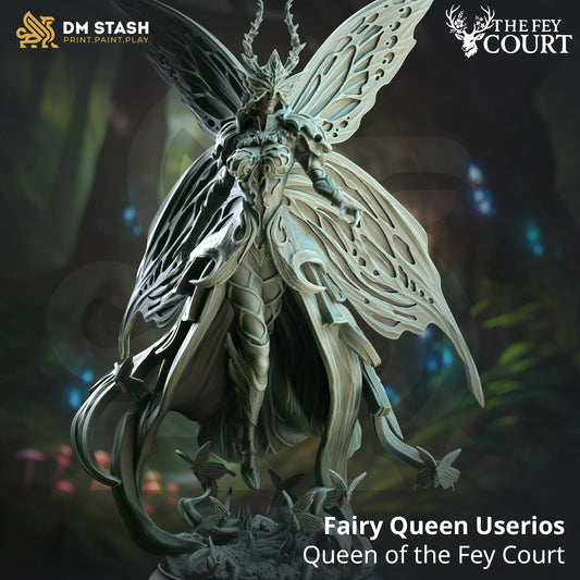 Userios the Fairy Queen miniature with butterfly wings, ornate robes, and antlers on forest base from The Fey Court