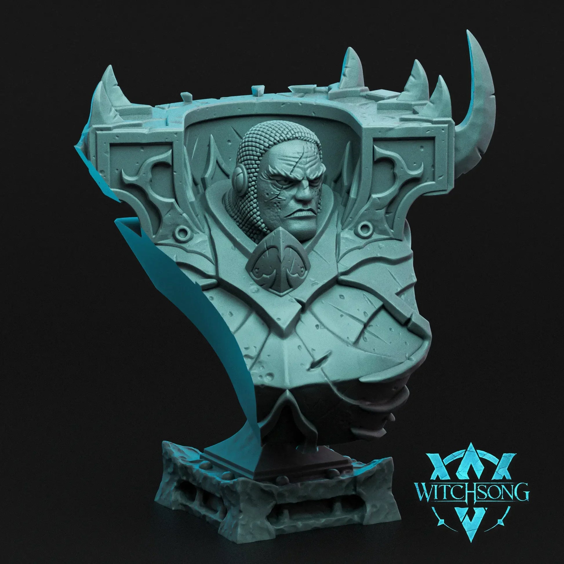 Fallen Overseer armored bust with scarred face and horned pauldrons on gothic plinth